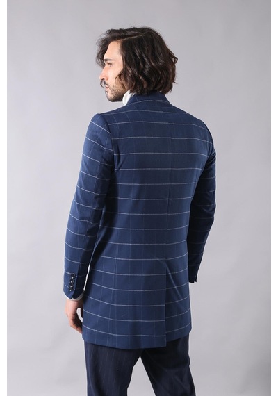 Geniş Sivri Yaka Ekose Indigo Erkek Kısa Palto - Wessi Siyah