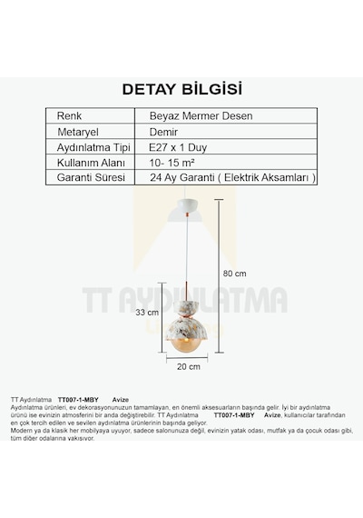 Tt007-1 Mby Tt Aydınlatma Mermer Desen Tekli Beyaz Lüks Avize