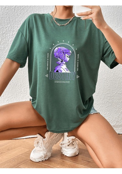 Uyguntarz Unisex Destiny Kız Tasarım Basklı Tshirt Yeşil