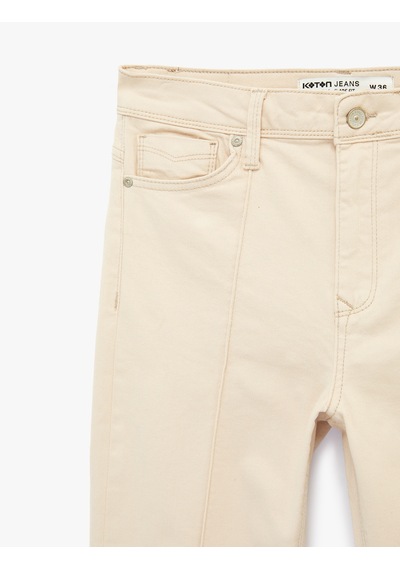 Koton Nervürlü Cepli Düğmeli İspanyol Paça Denim Pantolon - Flare Jeans Bej 6sal40080mw Ekru