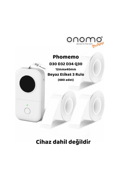 Onomo Life Phomemo 3 Rulo 12x40mm/480 Adet Beyaz Etiket D30/q30 3 Rulo