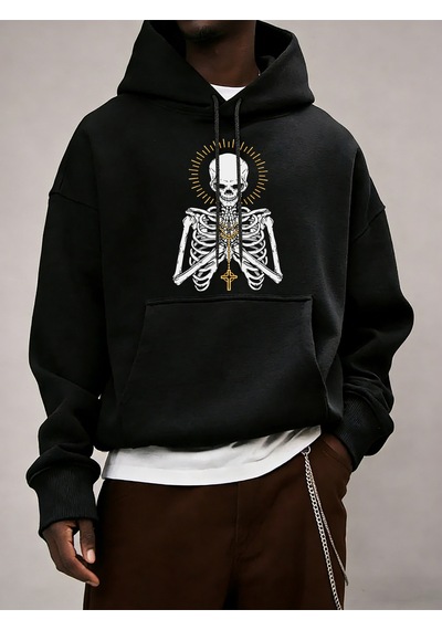 Startmore Startmoreölüm İçin Dua Edin İskelet Baskılı Erkek Temel Kapüşonlu Ceket Cepli Moda Sweatshirt Günlük B Siyah