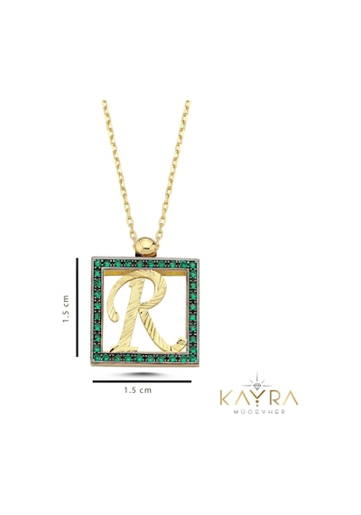 Kayra Mücevher R Harfi Yeşil Taşlı Altın Kolye Tsr20