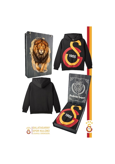 Galatasaray Lisanslı Büyük Logo Çocuk Sweat Gs Aslan Baskılı Hediyelik Ahşap Kutulu 095 Siyah