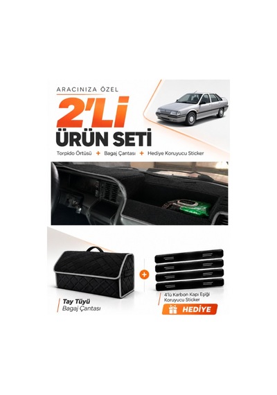 Renault 21 Manager 1990-1996 Uyumlu Torpido Örtüsü + Tay Tüyü Bagaj Çantası + Sticker - Siyah Gri