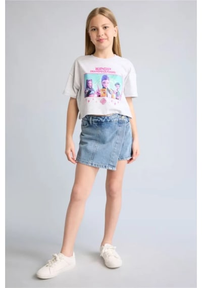 Defacto Kpop - Demon Hunters Cropped Fıt Bisiklet Yaka Kısa Kollu Tişört Kız Çocuk H9478a826hsgr421 Gri-gr421