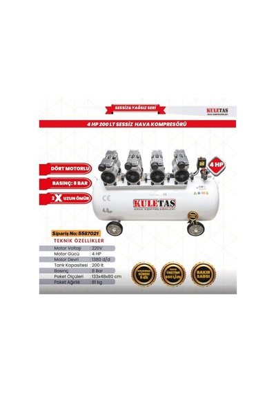 Hava Kompresörü Sessiz 200 Litre 4 Hp Kuletaş