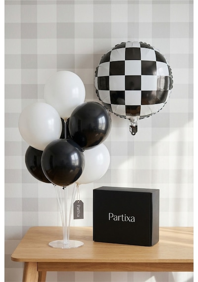 Siyah Beyaz Dama Desenli Yuvarlak Balon Stand Seti Şeffaf 7 Li Stand + Dama Folyo Balon 18 + 7 Lateks Balon Beyaz - Siyah