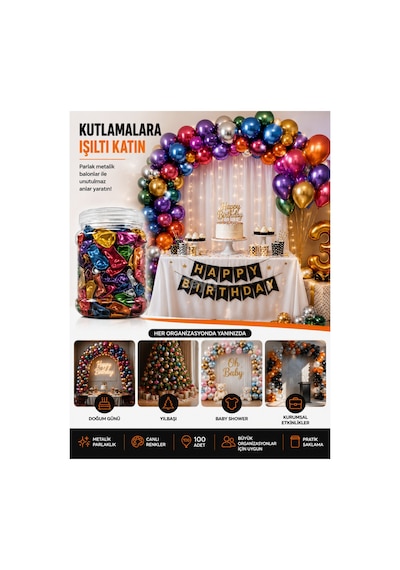Metalik Balon 100'lü Kavanoz Paket Parlak Renkli Parti Süs Balonu Doğum Günü, Yılbaşı, Baby Shower Ve Organizasyon Balonu Beyaz