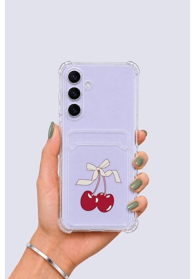 Samsung Uyumlu Galaxy S25 Fe Kartlıklı Kiraz Desenli Kılıf Şeffaf