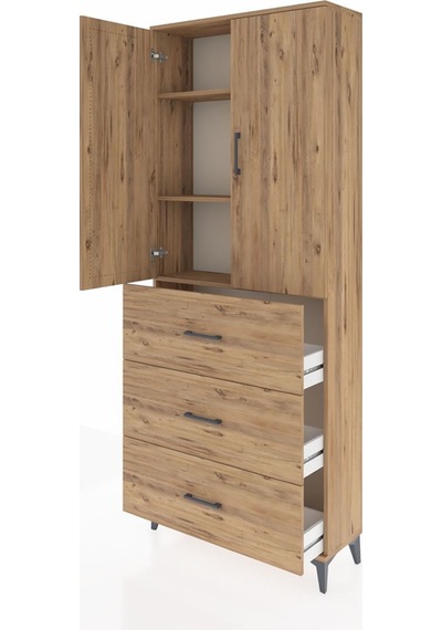 Arges Dolap 3 Raflı 3 Çekmeceli 2 Kapaklı 88x30x221 Çam-çam Çam