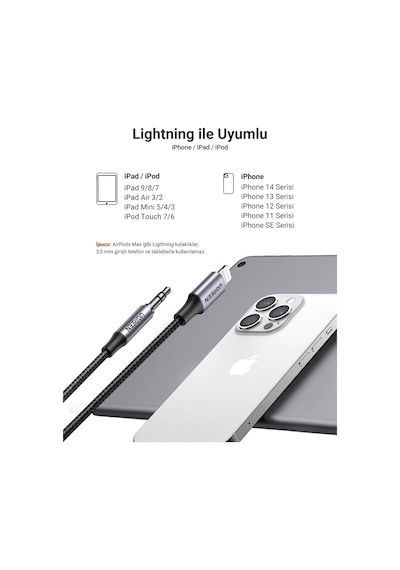 Ugreen Mfi Sertifikalı Lightning To 3.5mm Örgülü Ses Kablosu, 1 Metre, Siyah, 70509
