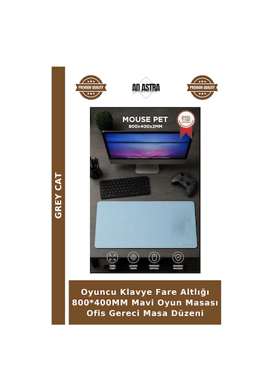 Oyuncu Klavye Fare Altlığı 800 400mm Mavi Oyun Masası Ofis Gereci Masa Düzeni