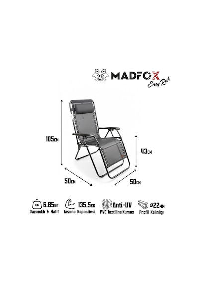 Madfox Easyrest Katlanır Şezlong Sandalye Gri Gri