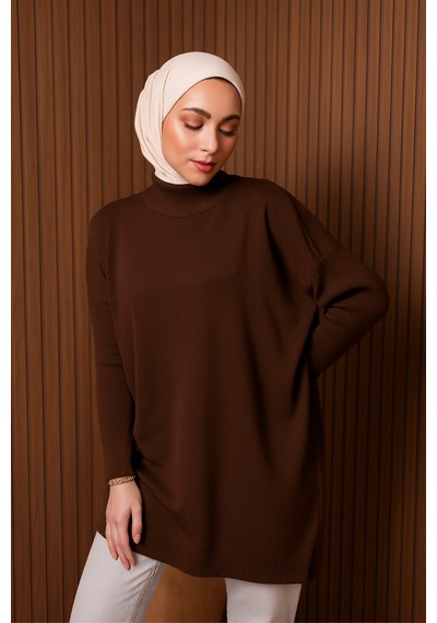 Balenbi Kadın Dik Yaka Basic 80cm Salaş Oversize Triko Tunik 1145 Kahverengi