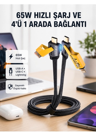 Shnstore Usb-c Usb-a 4 Ü 1 Arada Örgülü Kablo 65w Hızlı Şarj Metal Uç Dayanıklı Shntknd0720 Elektronik Elektronik Xml Şarj Kablosu Xml