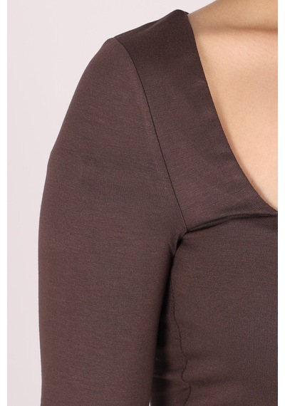 Armonika Kadın Kahve Asimetrik Yaka Uzun Kol Crop Bluz Arm-26k042007