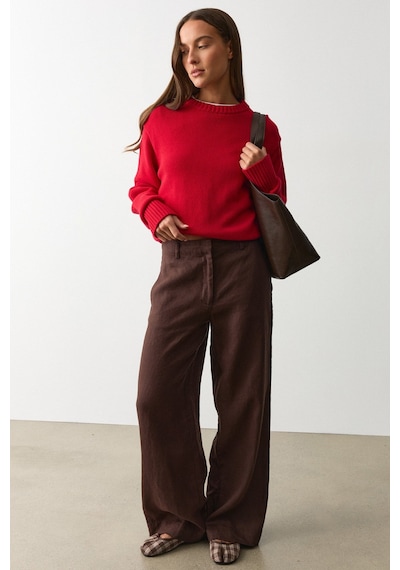 Madmext Kahverengi Yüksek Bel Keten Wide Leg Pantolon Mg2718