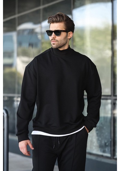 Madmext Siyah Yarım Balıkçı Yaka Erkek Basic Sweatshirt E7158 Siyah