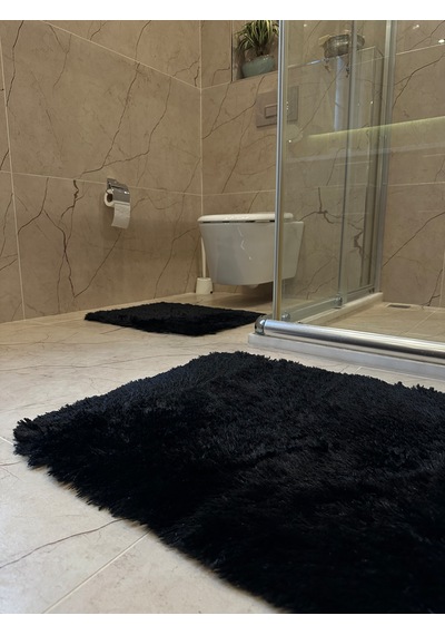 Tavşan Siyah Kaymaz Tabanlı 2'li Banyo Halısı Seti