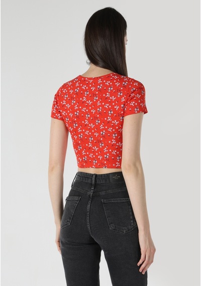 Colins Slim Fit Yuvarlak Yaka Çiçekli Kadın Kirmizi Kısa Kol Tişört Cl1063447 Q1.v2 Crl MERCAN