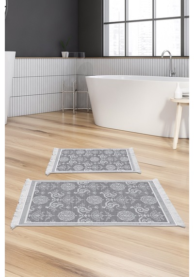 Dekoreko Kaymaz Taban Djt 2 Li Banyo Paspas Takımı Trend Saçaklı Modern 1861m gri