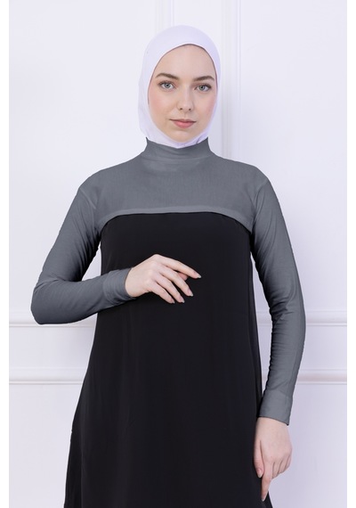 Loggia Balıkçı Yaka Boyunluklu Kolluk Açık Gri - Likralı Dik Yakalı Kadın Body Tesettür Crop Bolero Açık Gri