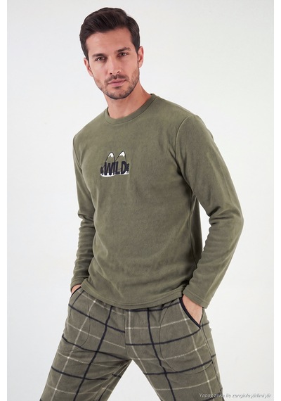 Buratti Ekoseli Bisiklet Yaka Yumuşak Dokulu Polar Pijama Takımı Erkek Pijama Takımı 6097064 Haki