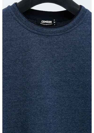 Comeor Çift Bisiklet Yaka Baskı Detaylı Standart Fit Erkek Sweatshirt İndigo 001