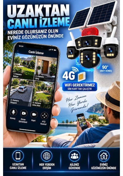 4 Kameralı 4g Sım Kartlı Solar Güvenlik Kamerası Çift Güneş Panelli Ptz Gece Görüş Sirenli Ip66 Okam Pro Uygulama