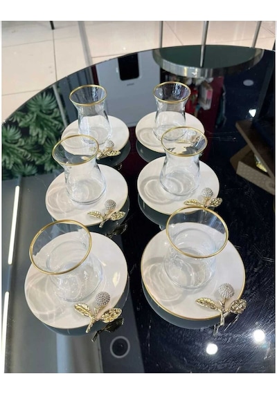 Çnr Home Collection Pandoranin Kutusu Porselen Tabakli Taşli Çay Seti Gold