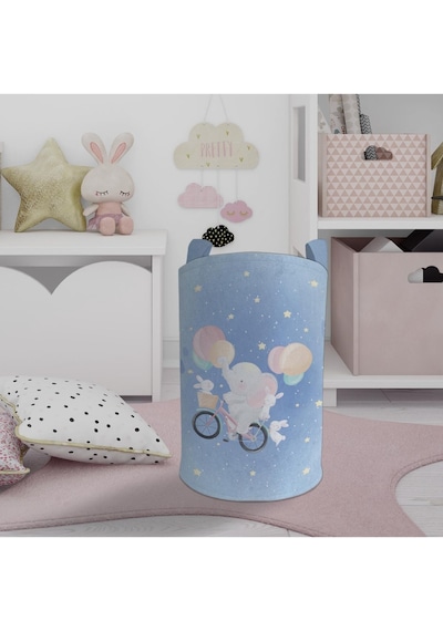 Mekta Home Bebek Ve Çocuk Odası Bisiklet Ve Yavru Fil Desenli Oyuncak Sepeti Renkli Çok Renkli