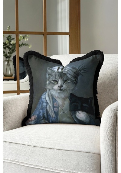 Avangart Kedi Portresi Saçaklı Yastık Kılıfı - Maskeli Figür Nostaljik Siyah Püsküllü Kırlent Kılıfı Tozlu Okyanus Taba Avangart Kedi Portresi Saçaklı Yastık Kılıfı - Maskeli Figür Nostaljik Siyah Püsküllü Kırlent Kılıfı Tozlu Okyanus Taba