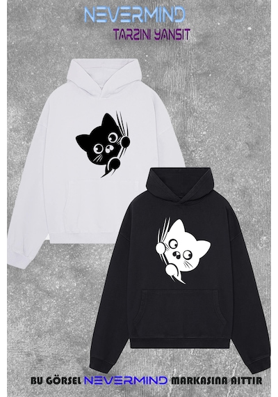 Nevermind Çift Kombini Sweatshirt Seti 3 İplik Oversize Kedi Desenli Hood Beyaz-siyah