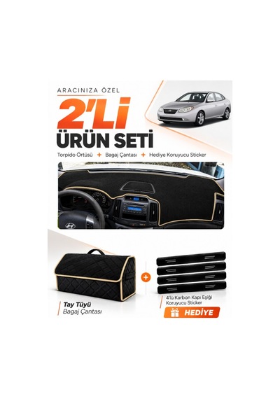 Hyundai Elantra 2007-2011 Uyumlu Torpido Örtüsü + Tay Tüyü Bagaj Çantası + Sticker - Siyah Bej