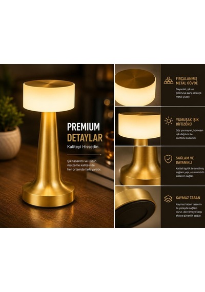 Dokunmatik Şarjlı Led Masa Lambası - 3 Kademeli Işık Ayarlı, Kablosuz Dekoratif Gece Lambası, 1800 Mah Taşınabi Diğer