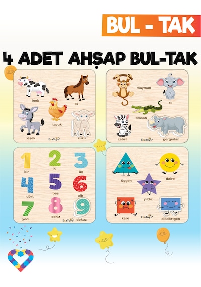 Eğitici 4 Adet Bul-tak Oyuncak Hayvanlar, Orman Hayvanları , Rakamlar Ve Geometrik Şekiller