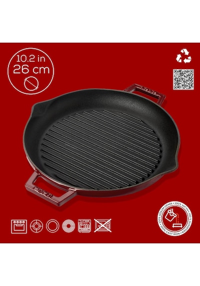 Lava Döküm Yuvarlak Izgara Tavası Döküm Demir Yekpare Çift Kulplu Çap Ø 26cm.-bordo Bordo