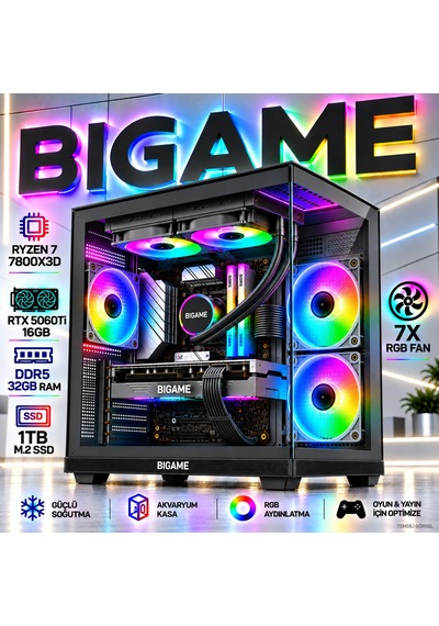 Bigame HYPER-V8 R7-7800X3D 16 GB 32 GB 1 TB M2 SSD RTX5060Ti Free Dos Masaüstü Oyuncu Bilgisayarı