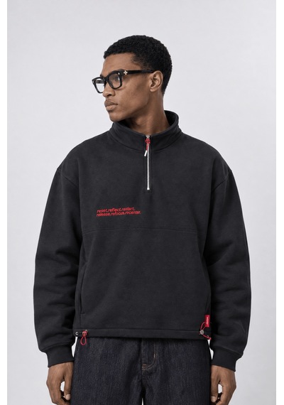 Respire Erkek Reset Baskılı Lastik Detaylı Half Zip Oversize Sweatshirt Siyah