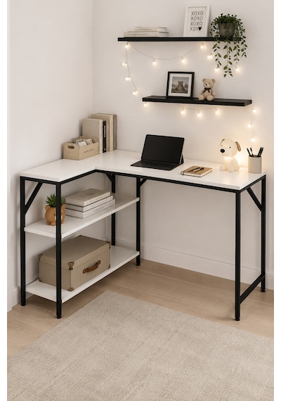 Beyaz/siyah L Masa, Kitaplıklı, Raflı, 120 Cm Çalışma Masası, Bilgisayar, Pc, Oyuncu, Gaming Masası Metal Ayaklı