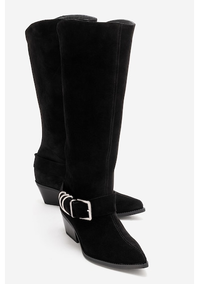 Luvishoes Helıos Siyah Süet Hakiki Deri Tokalı Kadın Western Çizme Siyah Süet