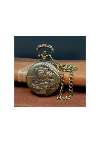 4 Adet Antika Tren Tasarımlı Köstekli Cep Saati Eskitme Metal Köstekli Saat, Vintage Pocket Watch, Nostaljik Tasarım Haki