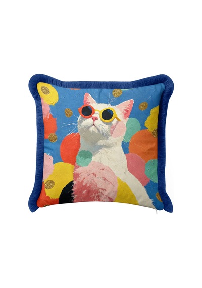 Renkli Kedi Figürlü Pop Art Saçaklı Yastık Kılıfı - Eğlenceli Pembe Lacivert Püsküllü Kırlent Kılıfı Serin Lagün Lime