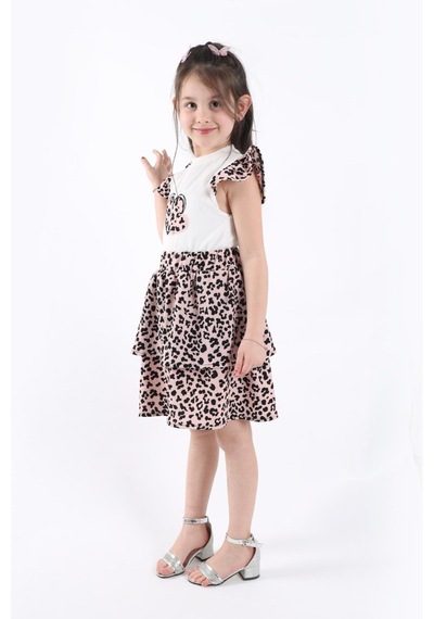 Aden Kids Kız Çcouk Leopar Desenli Alt Üst Etekli Takım Çok Renkli