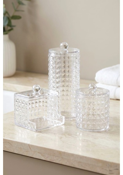 Vivart 3 Lü Diamond Seri Kapaklı Banyo Organizer, Makyaj Pamuğu Ve Kulak Çubuğu Saklama Kabı Şeffaf