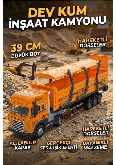 39 Cm Büyük Boy Sesli Işıklı İnşaat Kamyonu - Hareketli Damperli Oyuncak Tır İş Makinesi