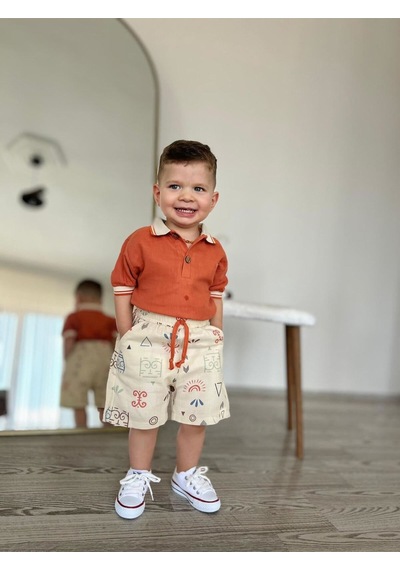 Miniğimin Cicileri Müslim Lacost Yaka Şortlu Etnik Desen Erkek 2 Li Takım - Oranj Oranj-32393