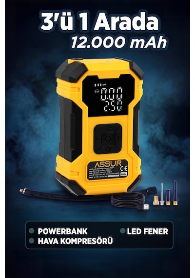 Assur 12000MAH Oto Kompresör Powerbank Led Işık - 3254