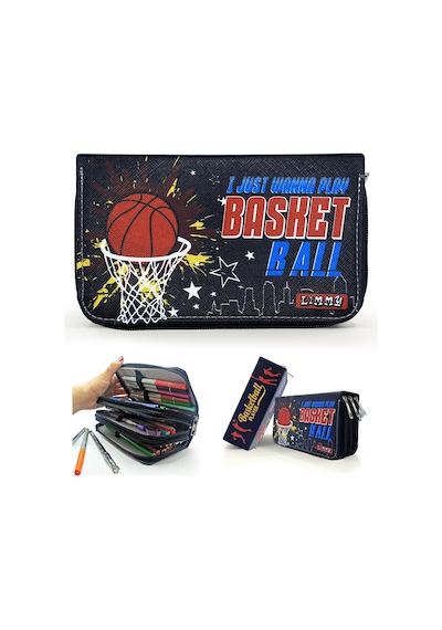 Kalem Kutusu Basketbol Kawai Organizer Kalemkutu Vegan Deri Üç Bölmeli Kalemlik Siyah